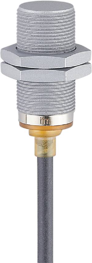 Ein zylindrischer Sensor mit metallischem Gehäuse und gelblich-transparenter Basis. Kabel ragt aus der Basis heraus.