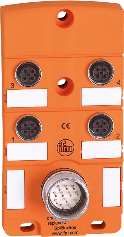 Orangefarbene Anschlussleiste mit vier runden Steckverbindern und ifm-Logo in der Mitte.