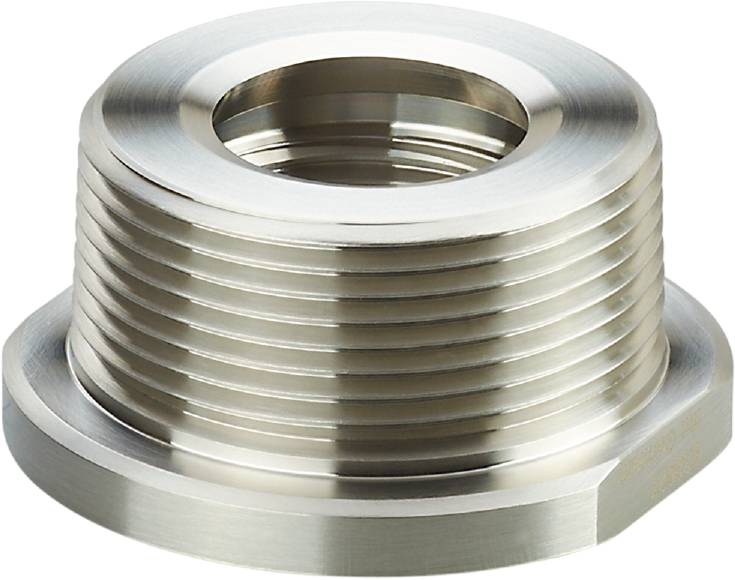 Ein silbernes Metallgewinde, wahrscheinlich ein Teil einer Maschine oder eines Werkzeugs, mit mehreren gleichmäßigen Rillen.