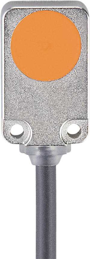 Ein quadratischer, metallischer Sensor mit zwei Befestigungslöchern oben, montiert auf einem zylindrischen Sockel.
