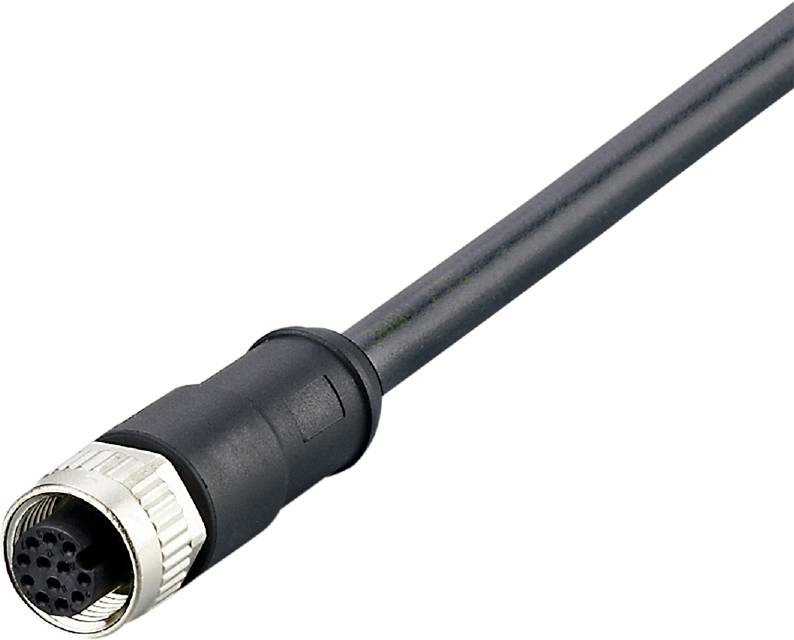 Schwarzes Kabel mit einem runden, metallischen Steckverbinder am Ende.