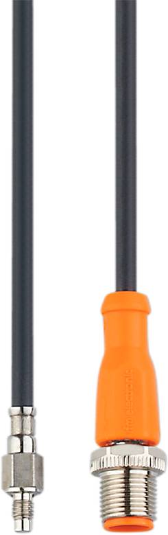 Ein orange-schwarzer Barcode-Scanner mit einem langen Griff, der vor einem neutralen Hintergrund gehalten wird.