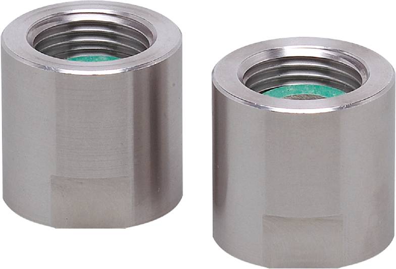 Zwei zylindrische Metalladapter mit Innengewinde, glänzende Oberfläche.