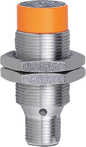 Ein zylindrischer Sensor mit einem orangefarbenen Deckel und einem metallischen Gewindeanschluss, geeignet für industrielle Anwendungen.