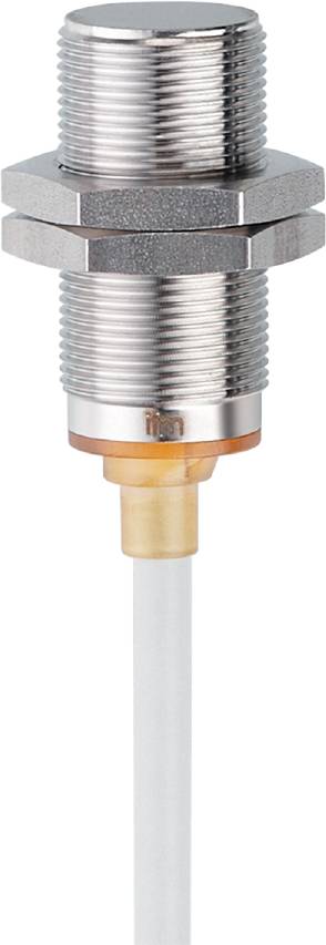 Zylinderförmiger Sensor mit Metallgehäuse und Anschluss. Oberer Bereich silbern, unterer teil durchsichtig mit einer Kabelverbindung.