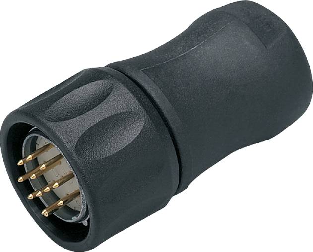 Schwarzer 8-poliger Stecker mit runder Form und mehreren goldenen Pins, geeignet für elektronische Verbindungen und Geräteanschlüsse.