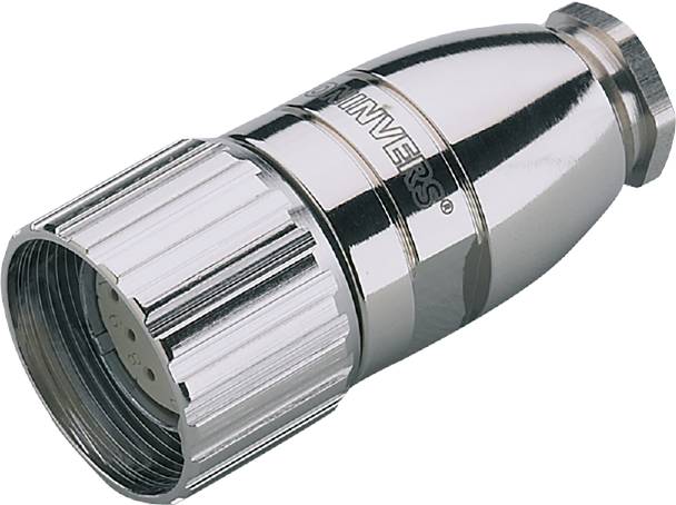 Ein silbernes, zylinderförmiges Bauteil mit geriffeltem Kappenende und glatter Oberfläche, möglicherweise ein elektrischer Steckverbinder.