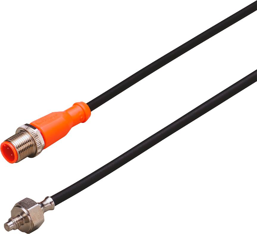 Ein schwarzes Kabel mit einem orangefarbenen und einem silbernen Stecker an jedem Ende, vermutlich zur Daten- oder Stromübertragung.