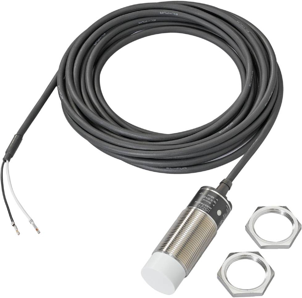 Ein zylindrischer Näherungssensor mit langem Kabel und zwei Befestigungsmuttern, dient zur berührungslosen Objekterkennung.