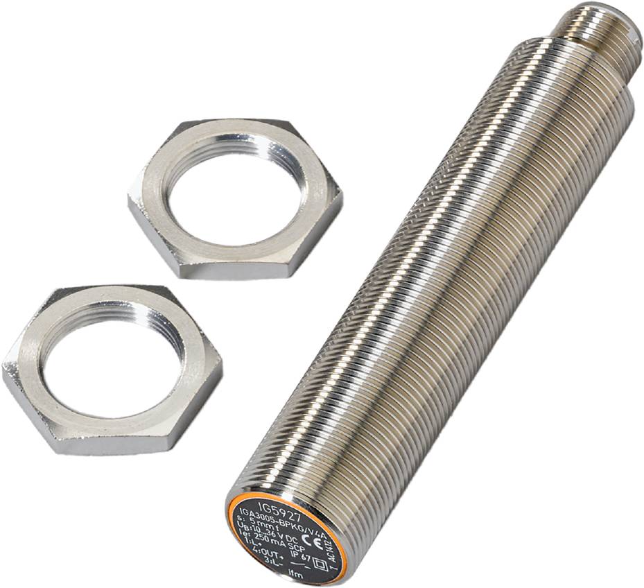 Zylinderförmiger Näherungssensor mit Gewinde, zwei Befestigungsmuttern daneben. Robust und geeignet für industrielle Anwendungen.