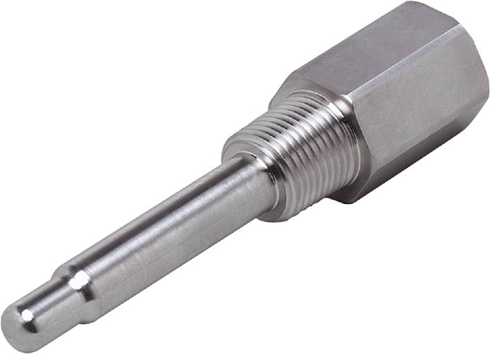 Ein metallischer Sensor mit Gewinde und langem Stab, oft genutzt für Temperaturmessungen in industriellen Anwendungen.