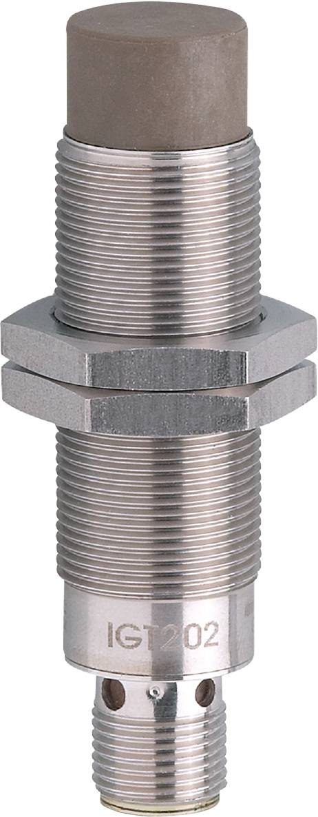 Metallsensor mit zwei Muttern zur Befestigung, zylindrische Form, geeignet für industrielle Anwendungen.