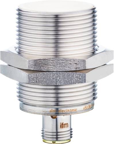 Ein zylinderförmiger Metallgegenstand mit Gewinde und zwei flachen Ringen in der Mitte; vermutlich ein industrieller Sensor.