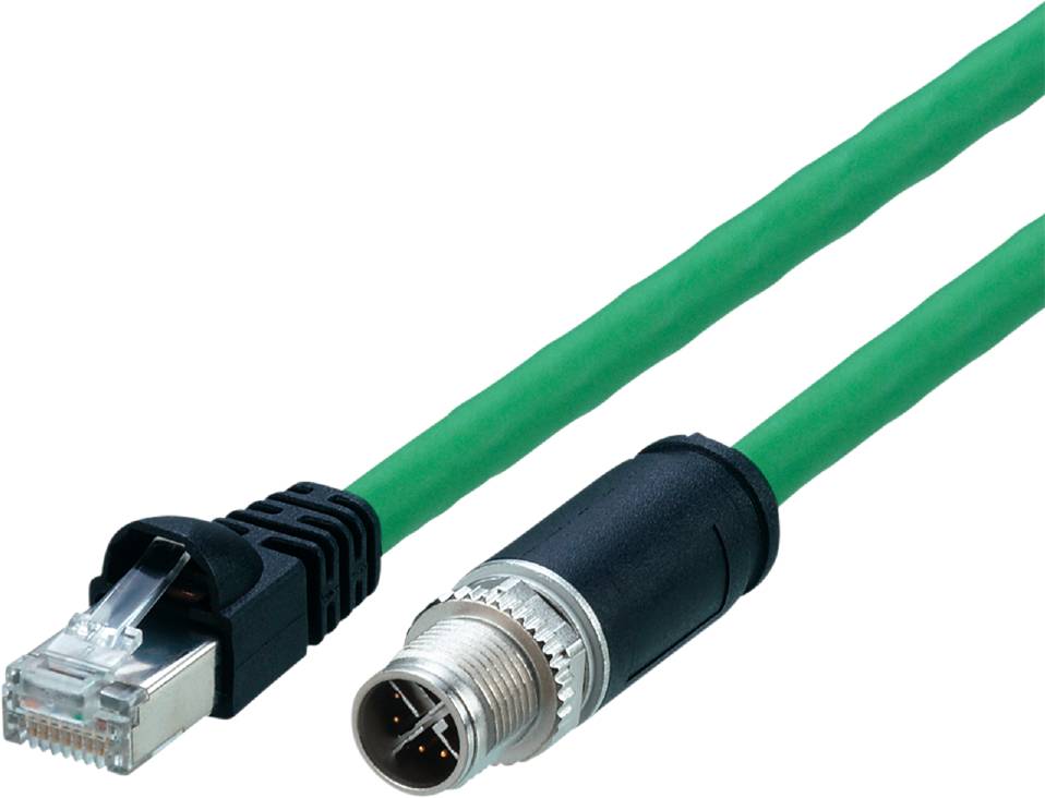 Grünes Netzwerkkabel mit RJ45-Stecker links und rundem Metallstecker rechts, verwendet für industrielle Ethernet-Anwendungen.