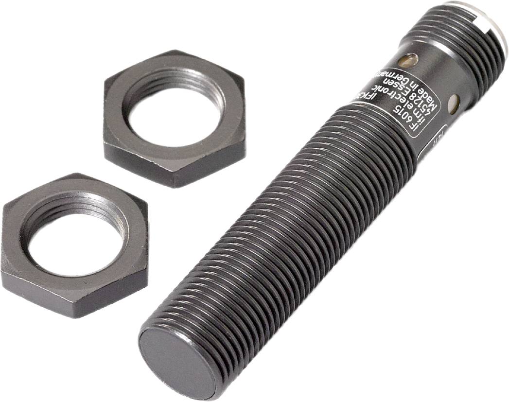 Zwei sechskant Muttern und eine lange, gerippte Schraube aus Metall. sbs-Feingewindespindel M25x1.5, Deutschland.