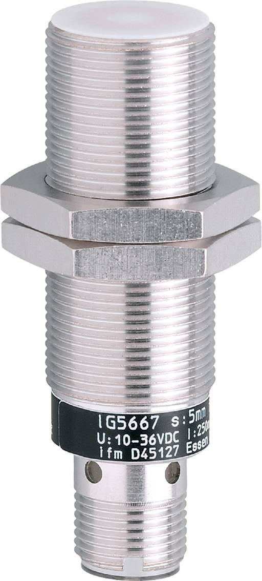 Nahaufnahme eines zylindrischen Metallgebers mit Gewinde, typisch für Induktionssensoren in industriellen Anwendungen.