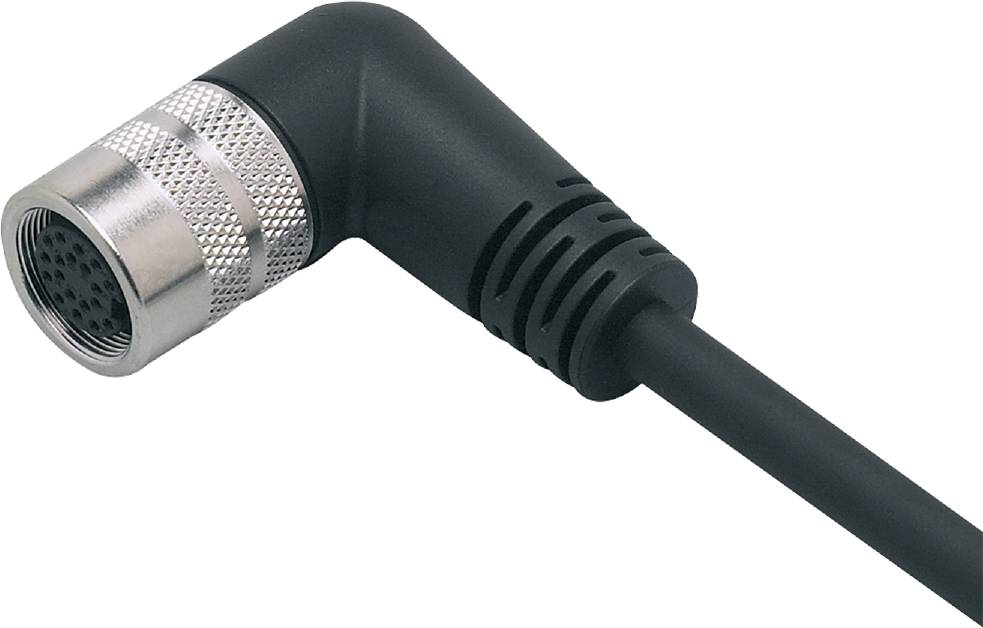 Nahaufnahme eines rechtwinkligen Audiokabelanschlusses mit metallischem Stecker.