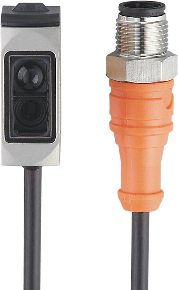 Ein rechteckiger optischer Sensor mit zwei runden Linsen, angeschlossen an ein orangefarbenes Kabel mit einem Metallanschluss.