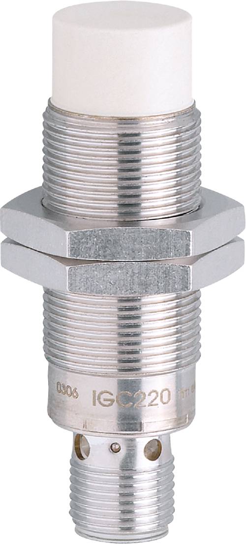 Zylindrischer induktiver Näherungssensor aus Metall mit Gewinde und Sechskantmutter, zur Erkennung von Objekten ohne direkten Kontakt.