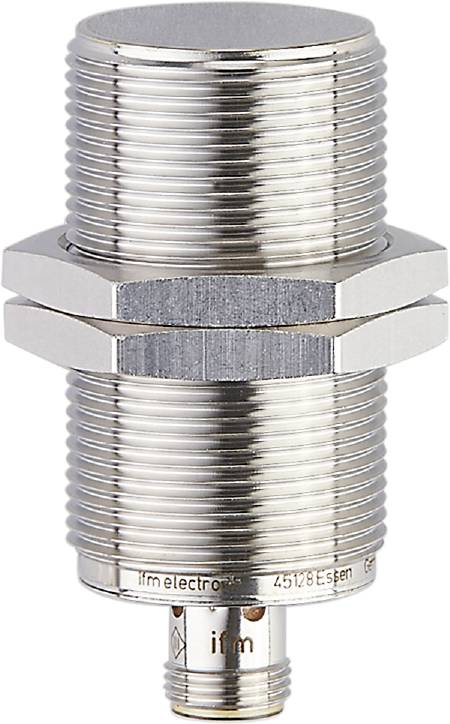 Zylindrischer, metallischer Sensor mit Gewinde, Sechskantmuttern und Anschlussgewinde, geeignet für industrielle Anwendungen.