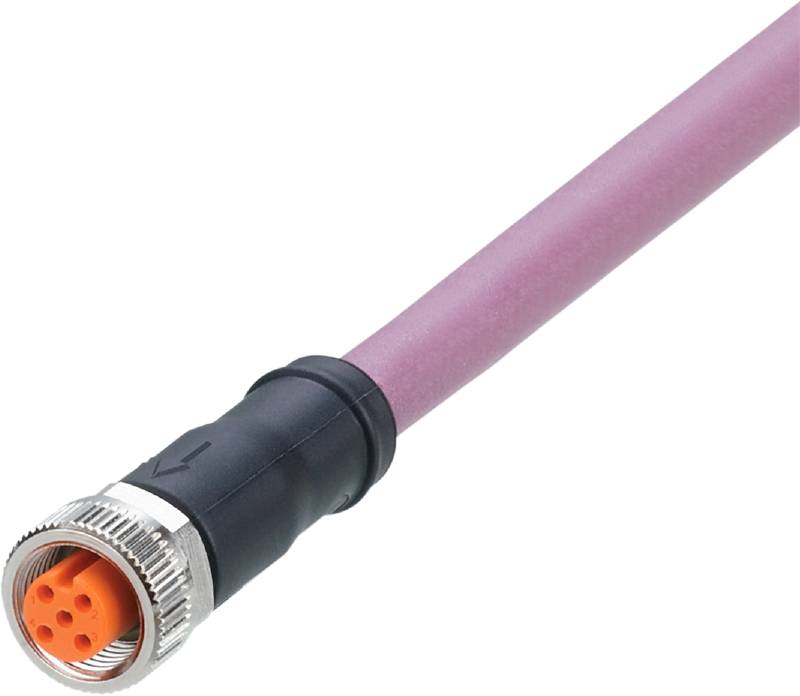 Magenta Datenkabel mit schwarzem Stecker, geeignet für Industrieanwendungen. Der Stecker hat mehrere Metallkontakte für Datenübertragung.