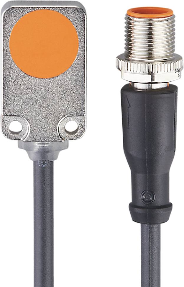 Ein Näherungssensor mit zwei Schraubenanschlüssen und einem schwarzen Kabelstecker daneben.