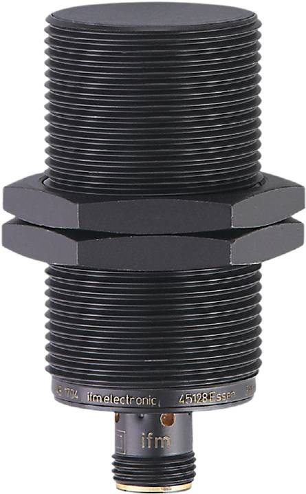 Ein schwarzer, zylindrischer Sensorkopf mit Gewinde zur Befestigung. Geeignet für industrielle Anwendungen und präzise Erkennung.