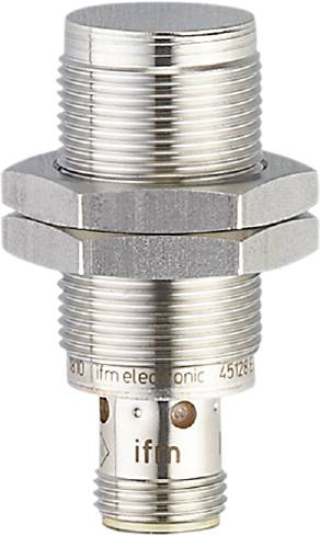 Metallischer Zylindersensor mit Schraubengesicht und elektrischen Anschlussstellen. Genutzt zur Erkennung von Objekten in industriellen Anwendungen.