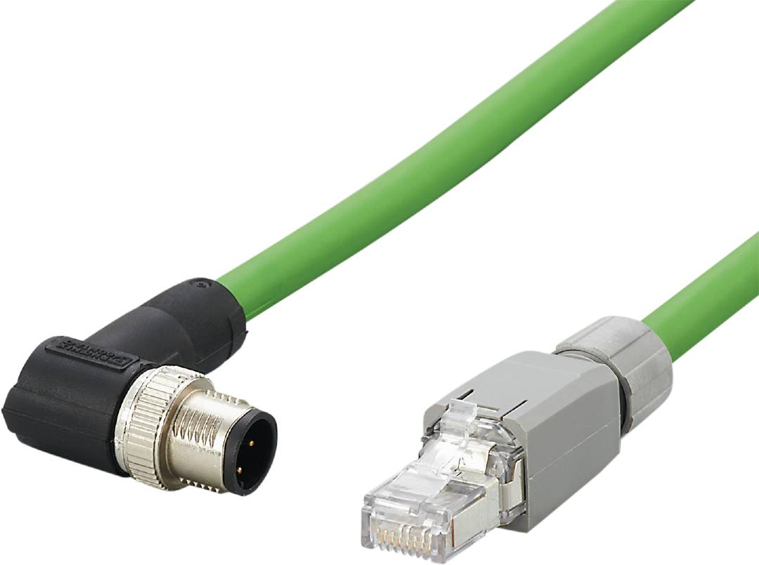 Ein grünes Kabel mit zwei verschiedenen Steckertypen: links ein runder schwarzer Stecker, rechts ein grauer RJ45-Stecker.