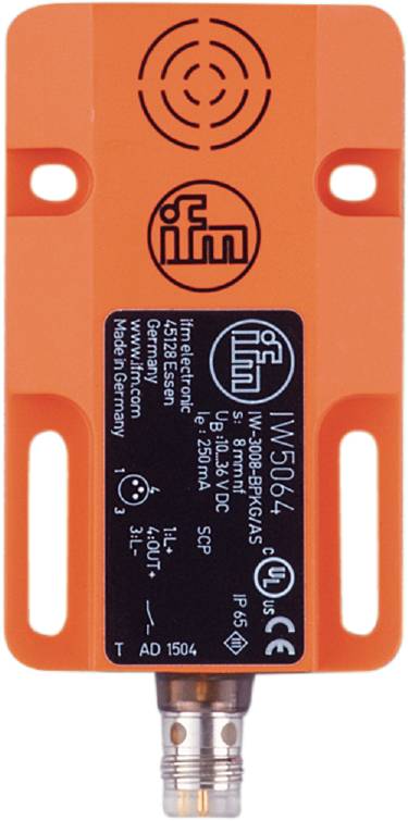 Ein orangefarbenes Gerät von ifm electronic mit schwarzem Etikett. Aufdruck: Modell IW5064, 8 mm, 10-36 VDC, 250 mA. Made in Germany.