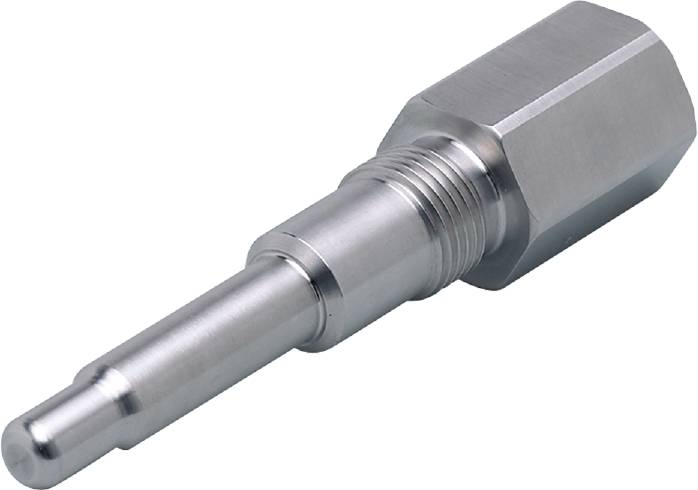 Metallischer Sechskant-Gewindestecker mit glattem Zylinderende. Verwendet für mechanische oder industrielle Anwendungen.