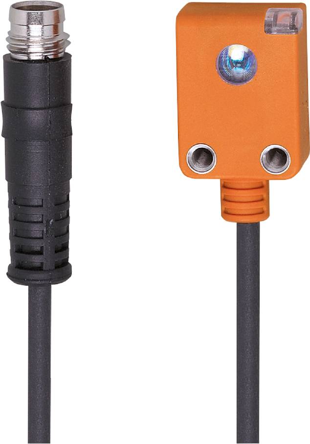 Ein rechteckiger, orangefarbener Sensor mit schwarzen Kabeln. Ein blaues Licht zeigt den Betriebszustand an.