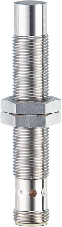 Metallener Zylinder mit Gewinde, in der Mitte durch zwei sechseckige Muttern gesichert, Ansicht von der Seite.