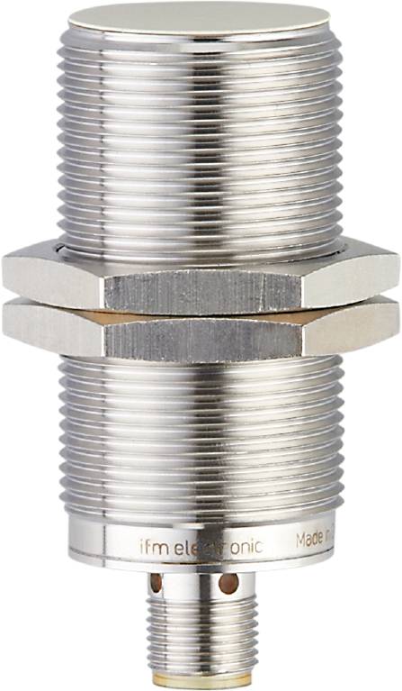 Ein zylindrischer Edelstahl-Sensor mit Gewinde und Befestigungsmutter. Geeignet für industrielle Anwendungen.