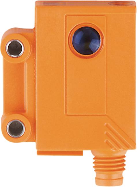 Ein orangefarbener, rechteckiger Sensor mit einer Linse und mehreren Schraubbefestigungen, vermutlich zur Montage in technologischen Geräten.