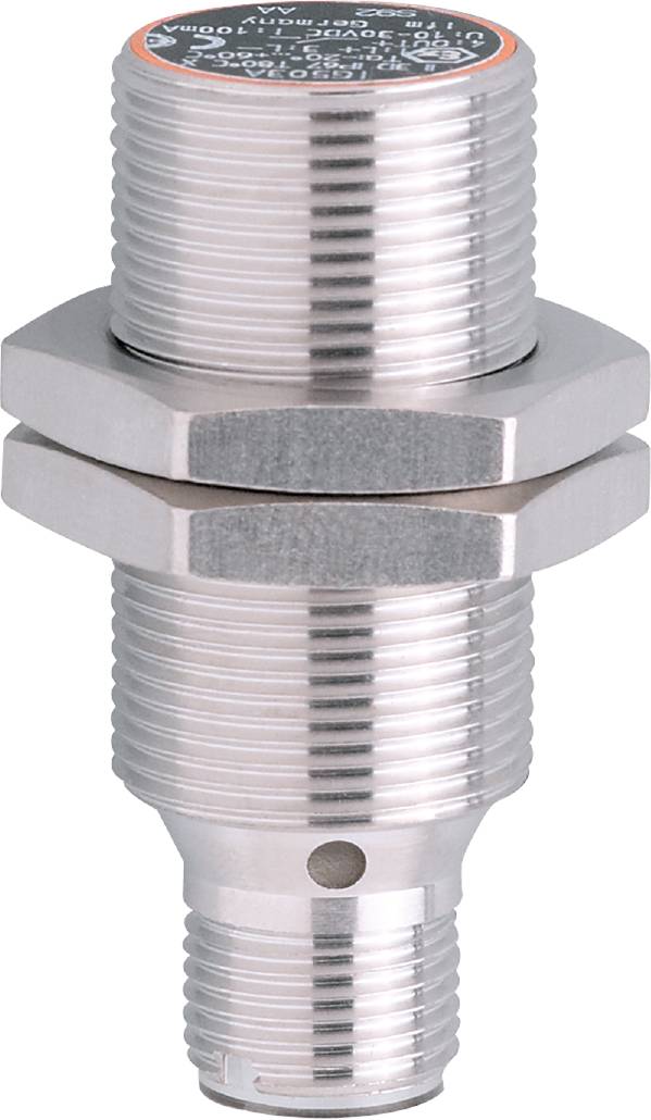 Metallsensor, zylindrisch, robustes Design, geeignet für industrielle Anwendungen. Sichtbare Gewindeverbindung für einfache Montage.