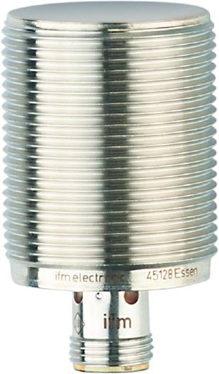 Nahaufnahme eines zylindrischen Sensors mit der Aufschrift ifm electronic 45128 Essen unten.