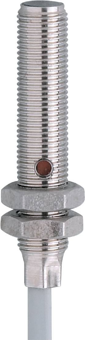 Zylindrischer Metallsensor oder -schalter mit einer runden, roten Fläche in der Mitte, montiert auf einer flachen, sechseckigen Basis.