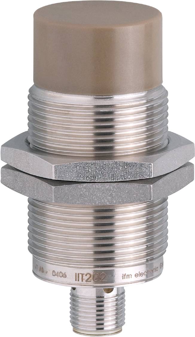 Ein zylindrischer, metallischer Sensor mit Schraubgewinde, geeignet für industrielle Anwendungen.