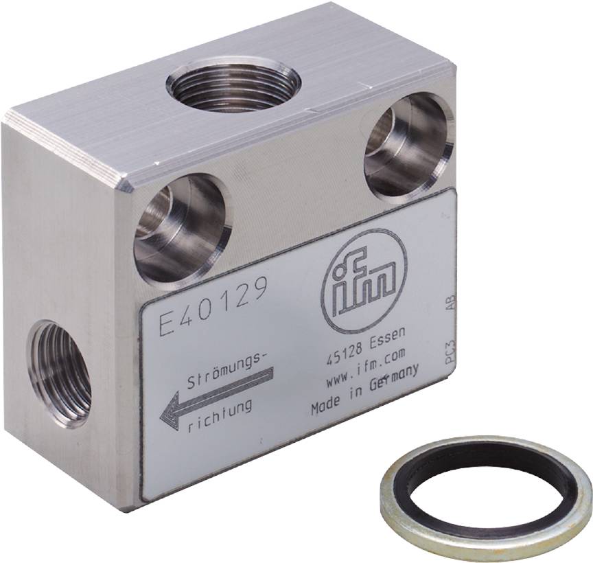 Metallblock mit drei Gewindeöffnungen, beschriftet mit 'E40129', '45128 Essen', 'Made in Germany', Pfeil für 'Strömungsrichtung'.
