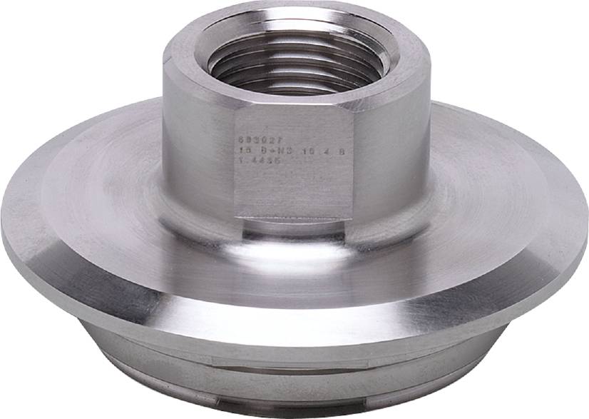 Metallisches Maschinenteil mit Gewindeöffnungen und glatter Oberfläche, vermutlich Teil eines größeren mechanischen Systems.