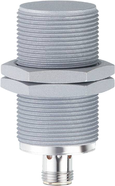 Silberner zylindrischer Metallzylinder mit Gewinde, vermutlich Teil eines größeren mechanischen Systems oder einer Maschine.