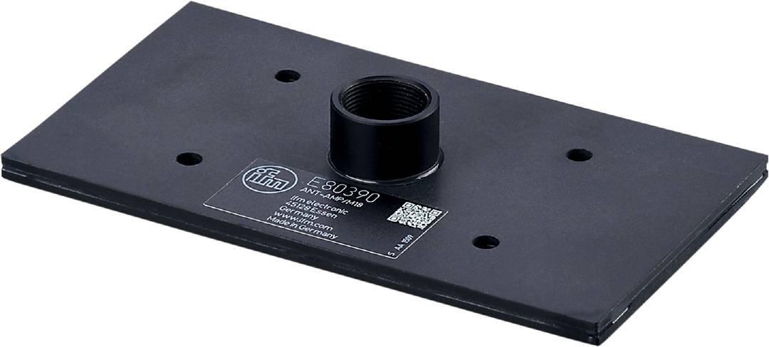 Graue Metallplatte mit einem zentralen zylinderförmigen Adapter mit Gewinde. Aufschrift: ifm electronic, E80399, Made in Germany.