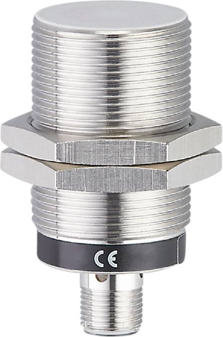 Metallsensor mit zwei sechskantigen Mutterringen, CE-Kennzeichnung unten sichtbar. Verwendet zur Näheerkennung in industriellen Anwendungen.