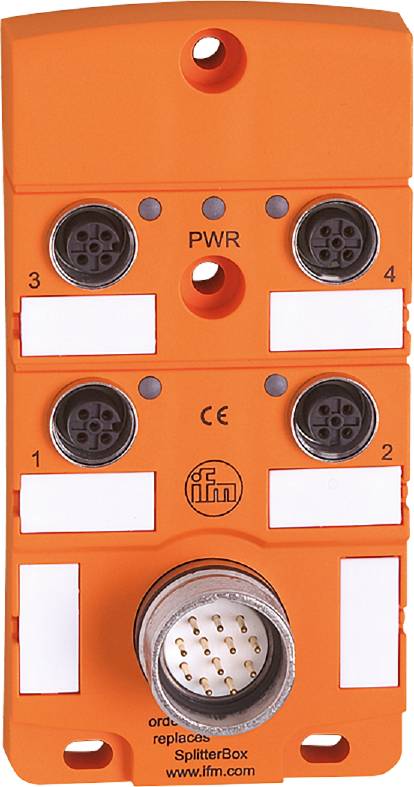 Elektronisches Steuergerät in Orange, mit vier runden Anschlussbuchsen, numerierten Steckplätzen und 'PWR', 'CE' Markierungen.