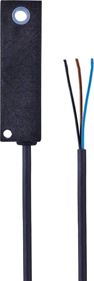 Ein schwarzer rechteckiger Sensor mit drei sichtbaren, unterschiedlich gefärbten Kabeln: braun, blau und schwarz.