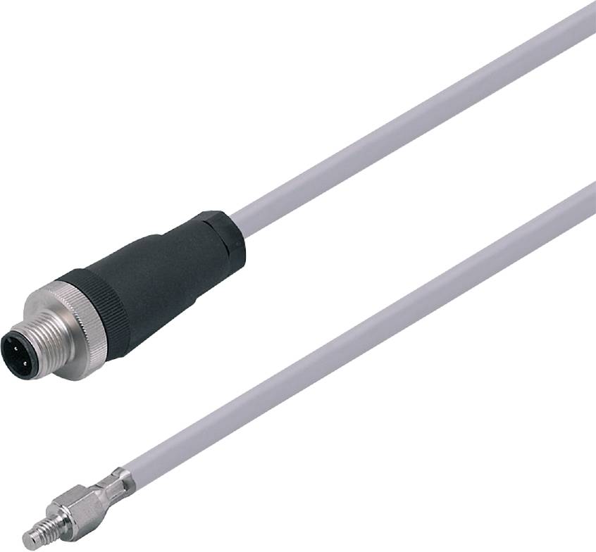 Graues Kabel mit zwei unterschiedlichen Anschlüssen an den Enden vor weißem Hintergrund, geeignet für elektronische Geräte.