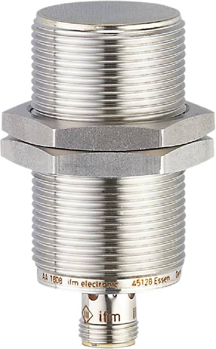 Ein zylindrischer, metallischer Sensor mit Gewinde und zwei Sechskantmuttern, typisch für industrielle Anwendungen.