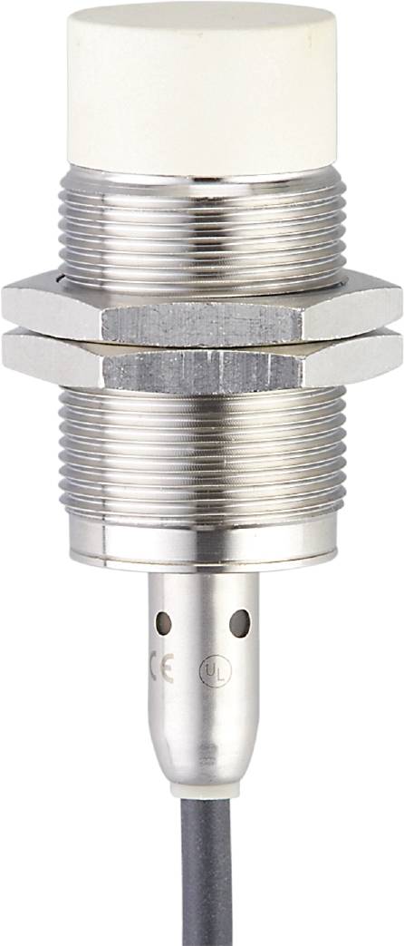 Silberner zylindrischer Sensor mit Gewinde und Kabelanschluss unten, geeignet für industrielle Anwendungen.