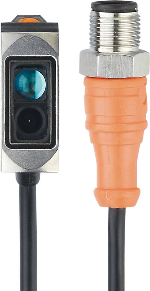 Ein rechteckiger optischer Sensor und ein orangefarbener Steckverbinder sind nebeneinander abgebildet.